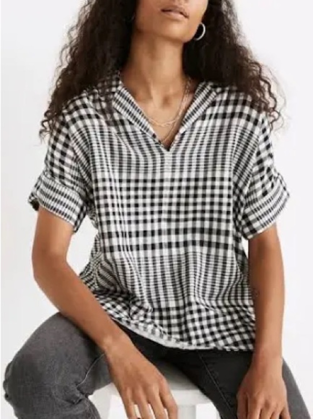 Madewell Black & White Gingham V-Neck Top